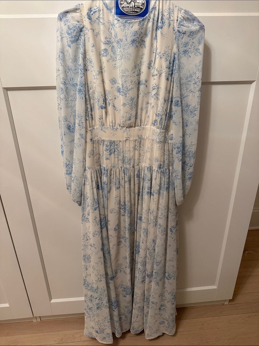 Long Cream Maxi Dress with Blue Floral Print